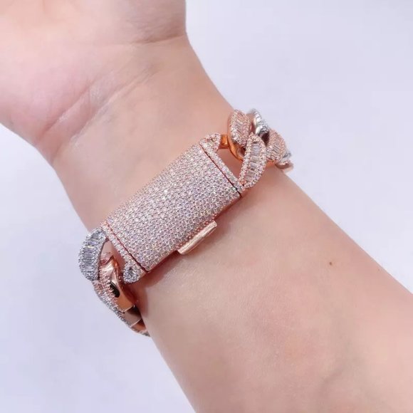 Iced Out Two-Tone Rosegold VVS Baguette Moissanite diamond Cuban Link Bracelet - Picture 4 of 5